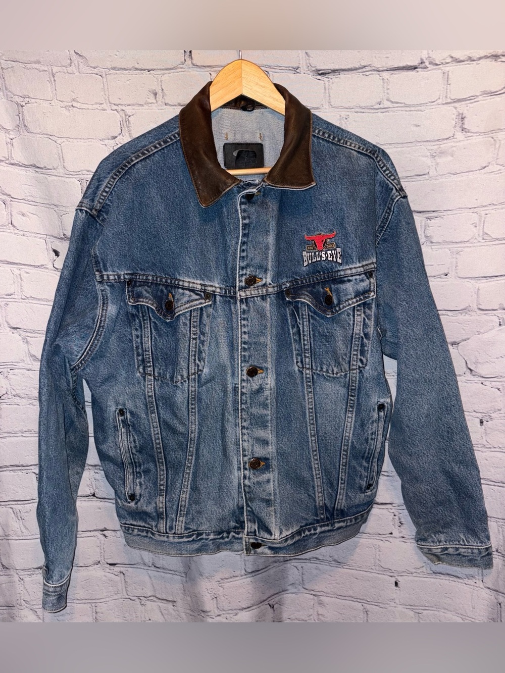 Vintage ID Wear Denim Jean Trucker Jacket Size Large Leather Collar Canada BBQ
